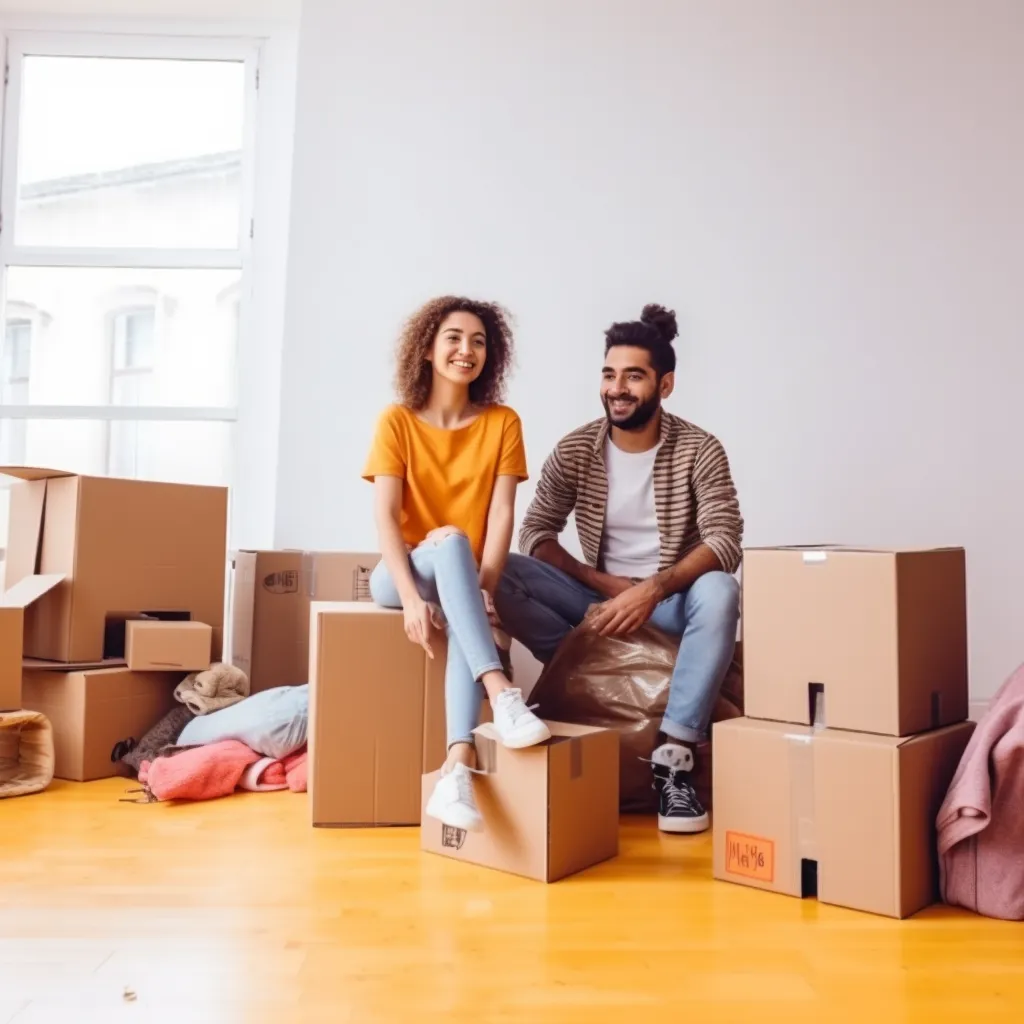 couple sitting on boxes after unpacking when moving house