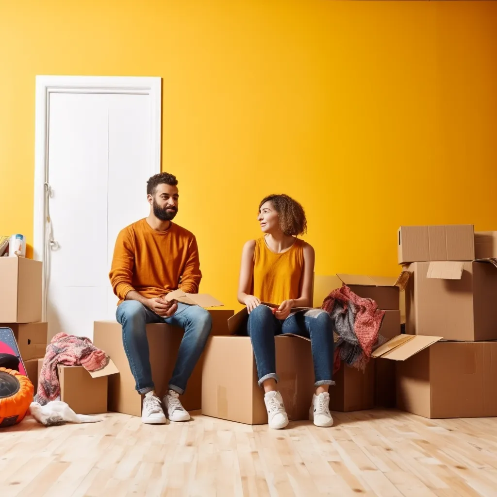couple sitting in peace after unpacking moving boxes
