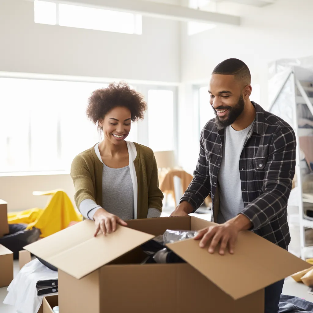 happy couple unpacking after a move.